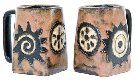 12 oz. Square bottom Mara Stoneware mugs. Design: Native Symbols. Colour: Pink