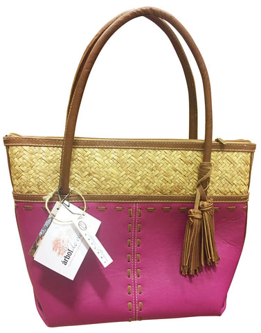 Leather Purse with Woven Palm Leaf & Tassels – Pink