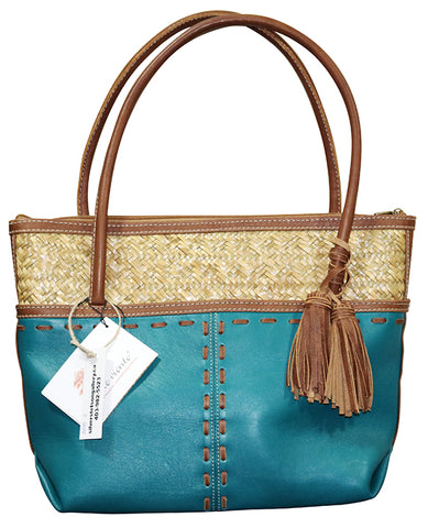 Leather Purse with Wicker Weave & Tassels – Teal