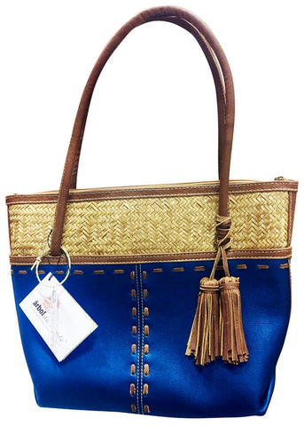 Leather Purse with Woven Palm Leaf & Tassels – Royal Blue