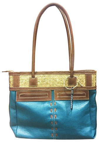 Leather Purse with Wicker & Pockets – Teal