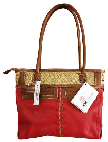 Leather Purse with Woven Palm Leaf & Pockets – Red