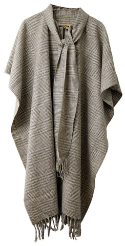 Long Cape-Style Poncho with Attached Scarf & Fringes